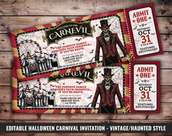 Halloween Carnival Ticket Invitation, Scary Carnevil Circus Invite, Fright Night Party, Costume Party, Dark Red Haunted Fun Fair Pass, Skull