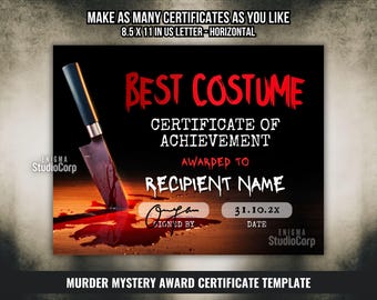 Murder Mystery Award Certificate, Killer Certificate, Crime Scene Certificate, Halloween Costume Party Award, Gatsby 1920s Game Night Prizes