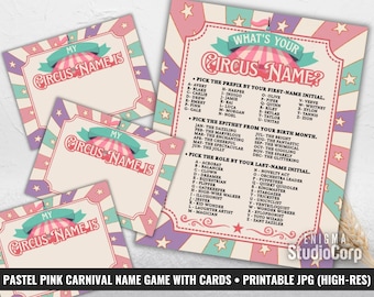 Pink Carnival Name Game Printable, Circus Name Game Sign & Cards, Birthday Party Decor, Circus Star Name Poster, Girl Carnival Activity, JPG