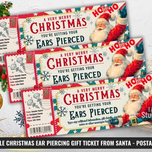 Könnte beinhalten: Drei weihnachtliche Geschenkgutscheine mit rotem, weißem und blauem Design. Jeder Gutschein zeigt den Weihnachtsmann, Schneeflocken und den Text "A Very Merry Christmas, You're Getting Your Ears Pierced." Die Tickets sind im Poststil.