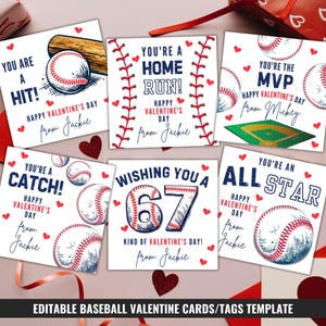 Puede incluir: Una colección de tarjetas de San Valentín con temática de béisbol con varias frases como "¡Eres un éxito!" y "¡Eres un jonrón!". Cada tarjeta presenta pelotas de béisbol, bates y corazones. Las tarjetas están diseñadas con una estética vintage e incluyen el texto "Feliz Día de San Valentín".
