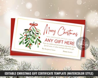May include: A Christmas gift certificate template with a watercolour style. The design features a sprig of mistletoe with red berries and a red bow. The text reads "Merry Christmas" and "Any Gift Here."