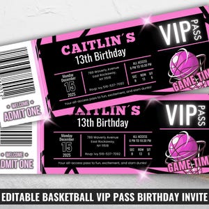 Basketball VIP Ticket Geburtstagseinladung, Mädchen Sport Party einladen, Spiel Zeit Stub, benutzerdefinierte druckbare Pink & Schwarz Basketball Pass für Jugendliche