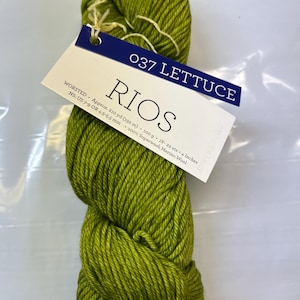 May include: A skein of green yarn labeled "037 LETTUCE" and "RIOS" with the details: "WORSTED - Approx. 210 yd (192 m) - 100 g - 18-22 sts = 4 Inches - NS: US 7-9 OR 4.5-5.5 mm - 100% Superwash Merino Wool"