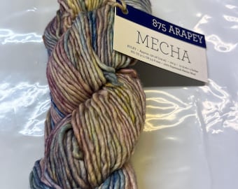 May include: A skein of yarn in a multi-colored ombre pattern, with shades of blue, pink, yellow, and beige. The yarn is labeled "875 Arapey Mecha" and is described as "Bulky - Approx. 130 yd (119 m) - 100 g - 100% Superwash Merino Wool".