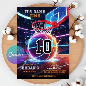 Faire-part d'anniversaire sportif, modèle d'invitation à une fête de basket-ball Célébrez la recrue de l'année avec des fournitures amusantes et un imprimé de basket-ball orange