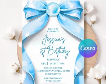 Blue Bow Birthday Invitation, Coquette Blue Bow Invitation, Girl Blue Birthday Invite, Editable Canva LA424