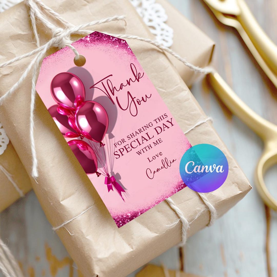 Pink Glitter Balloons Birthday Favor Tags Template (digital Download ...