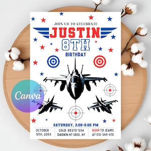 Thème pilote de chasse, invitation d'anniversaire, invitation avion de chasse, invitation militaire garçon, modèle d'invitation