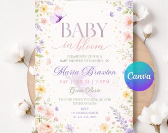 Baby In Bloom Baby Shower Invitation, Wildflower Baby Shower Invite, Wildflowers Baby Shower Invite, Canva Template LA591