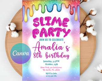 Slime Birthday Party Invitation, Editable Canva Template, Digital Download