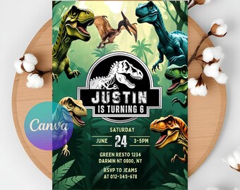 Bearbeitbare Dinosaurier-Partyeinladung, Dinosaurier-Weltfeier, Dino-Jungen-Geburtstags-Bash, Jurassic 1.3.5