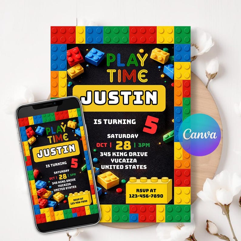 Building Blocks Birthday Invitation, Building Blocks Invite, Bricks ...