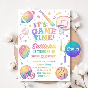 May include: A colorful invitation with sports-themed illustrations, including a football, baseball, basketball, and baseball bat. The text "IT'S GAME TIME!" is prominently displayed, along with event details for Sallicha's 10th birthday party.