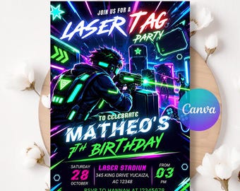 Laser Tag Birthday Invitation, Laser Tag Invite, Neon Green Laser Tag Invite, Neon Glow Laser Tag, Editable Canva Template LA835