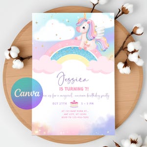 Modello di invito di compleanno digitale modificabile istantaneo per neonata: invito alla festa con unicorno arcobaleno per una celebrazione magica!