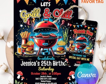 Editable BBQ Birthday Invitation Template, Grill and Chill Birthday Invitation, Backyard Barbecue Party, Editable Canva Template LA20