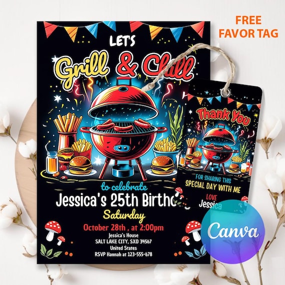 Editable BBQ Birthday Invitation Template, Grill and Chill Birthday Invitation, Backyard Barbecue Party, Editable Canva Template LA20