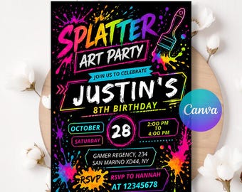 Painting Party Invite, Splatter Paint Birthday Invitation, Let'S Paint Party Invite, Editable Canva LA677