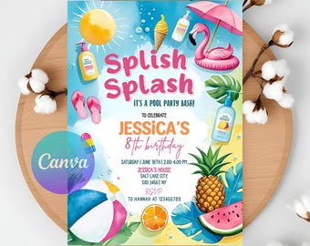 May include: A colorful invitation for a pool party, featuring the text "Splish Splash" and "Jessica's 8th birthday." The design includes illustrations of a sun, flamingo float, ice cream cone, and beach ball.