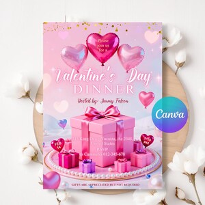 May include: A pink Valentine's Day dinner invitation with heart-shaped balloons and gift boxes. The invitation includes the text "Valentine's Day Dinner" and RSVP information. The Canva logo is visible.
