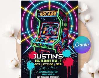 Neon Arcade Birthday Invite, Retro Gaming Party Invitation, Video Game Theme, Kids Gamer Party, Editable Canva, Digital Download