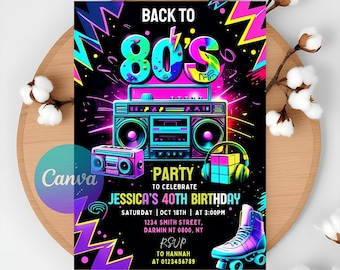 80s Birthday Party Invitation: Retro Throwback, Glow Dance (Printable Digital Download 5x7" )