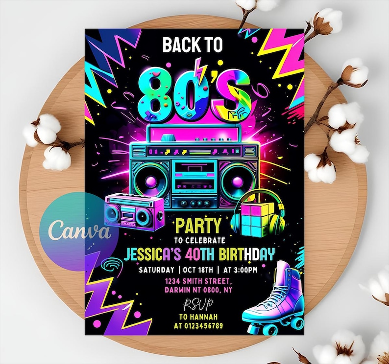 Birthday Invitations, Instant Download, Editable Canva, Invitations Wedding, 80S Party, 80S Birthday, 80S Birthday Party, 80S Party Invitation, 80S Invitation Party, Birthday Gift, Birthday Card, Digital Art, Let'S Paint, Art Painting Invite, Artist Invitation, Dress For A Mess