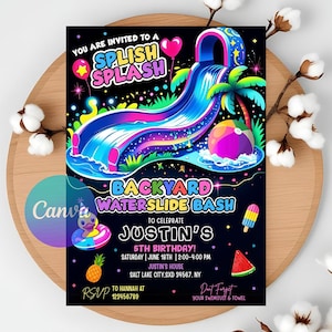 Waterslide Party Invitation, Boy Girl Splash Party Invite, Waterslide Birthday Invites, Water Slide Bash Modern Canva Template Boy Girl