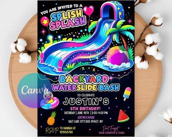 Waterslide Birthday Party Invitation: Splash Bash Canva Template (Digital Download 5x7" PDF)