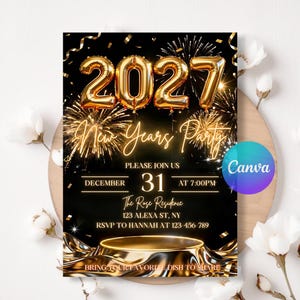 2027 New Year Party Invitation, Gold Balloon NYE Invite, New Year’s Eve Dinner Party, Editable Canva Template