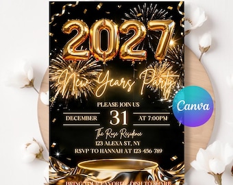 2027 New Year Party Invitation, Gold Balloon NYE Invite, New Year’s Eve Dinner Party, Editable Canva Template