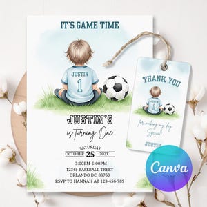 Editable Soccer Birthday Invitation Template, 1St Birthday Evite, Football Invite, Kids Soccer Invite, Instant Download, Canva Template