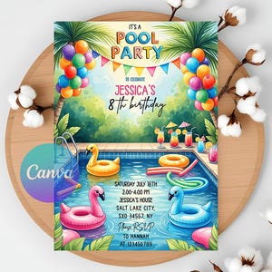 Girls Pool Party Invitation Template: Fun Summer Birthday (Digital Download 5x7&quot; Canva Editable Card)