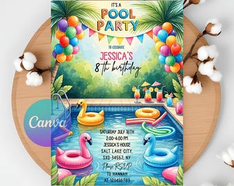 Girls Pool Party Invitation Template: Fun Summer Birthday (Digital Download 5x7" Canva Editable Card)