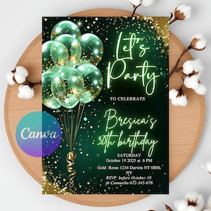 Editable Green Gold Birthday Party Invitation, Evite, Balloons, For Him Or Her Instant Download Printable, Any Age, Instant Download