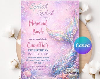 Mermaid Birthday Invitation, Mermaid Bash Under The Sea Birthday Invite, Mermaid Party Invite, Editable Canva Template LA604