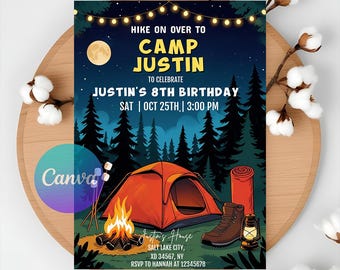 Camping Birthday Invitation: Outdoor Adventure, Editable Campout (Instant Download, 5x7" PDF)
