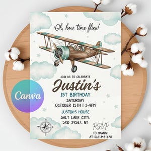 Time Flies 1St Birthday Invitation Template, Airplane 1St Birthday Invitation, Boy Airplane Party Invite 1St Birthday Party Instant Download