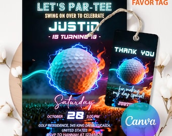 Invito di compleanno per minigolf, festa luminosa, invito per festa di golf per ragazzi e ragazze, invito per festa di golf, festa di compleanno sportiva, andiamo a giocare a par