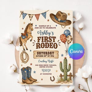 May include: A cream-colored invitation card featuring a brown horse, a cowboy hat, a lasso, cowboy boots, and a cactus. The text reads: SADDLE UP & JOIN US TO CELEBRATE Ashley's FIRST RODEO SATURDAY OCTOBER 28TH AT 4PM Cowboy Resto 345 KING DRIVE YUCAIZA, UNITED STATES RSVP AT 123456789.