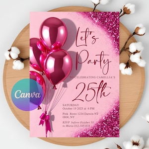 Invitation fête d'anniversaire numérique avec ballons à paillettes roses, modèle d'invitation à paillettes roses, modèle modifiable, téléchargement immédiat