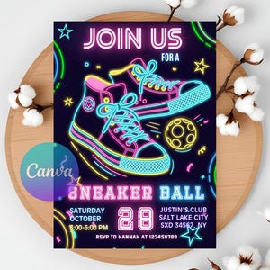 Invitación a fiesta de zapatillas de neón, globos de zapatillas, fiesta de zapatillas, tema de zapatillas, invitación móvil