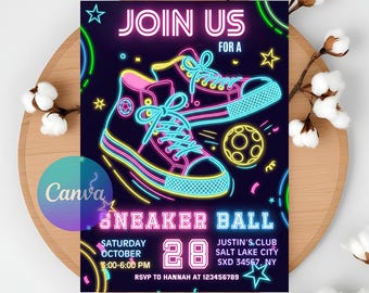 Puede incluir: Una invitación de estilo neón para un Sneaker Ball, con zapatillas brillantes, estrellas y un gráfico de balón de fútbol. El texto dice "JOIN US" y detalla la fecha, hora y lugar del evento en Salt Lake City, NY. También se incluye información de RSVP.