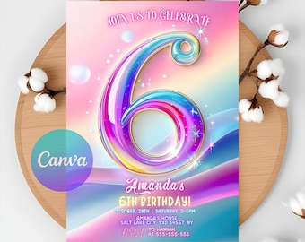 Pink Rainbow 6th Birthday Invitation: Glitter Party (Digital Download)
