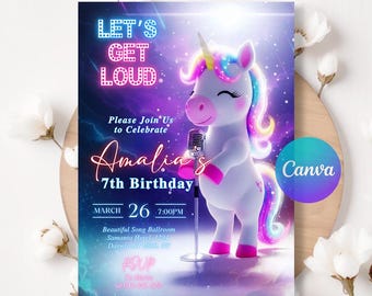 Editable Karaoke Birthday Invitation, Neon Glow Music Party Invite, Unicorn Theme, Editable Canva Template,  LA514
