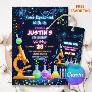 May include: A science-themed birthday invitation and favor tag. The invitation features text that reads "Come Experiment With Us" to celebrate Justin's 8th birthday on October 28th. The tag says "Thank You" and "For Making My Day Truly Special!"