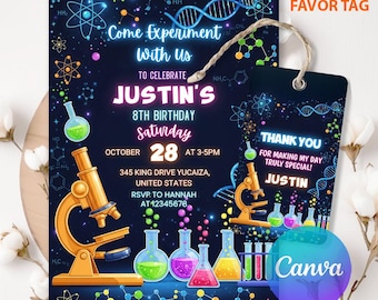 Mad Science Birthday Invitation, Boy Scientist Party, Editable Canva Template