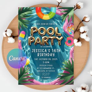 Sjabloon voor bewerkbare verjaardagsuitnodiging voor meisjes zwembadfeest - Instant Download Kids Swim Party uitnodiging - leuke digitale verjaardagskaart zomer