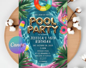 Girls Pool Party Invitation: Editable Kids Swim Birthday Card (Digital Download 5x7" PDF Template)